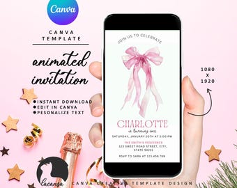 Animated Pink Bow 1st Birthday Invitation Girl, First Birthday Canva Template, Editable Pink Coquette Bow Invitation 1st Birthday Bow Invite