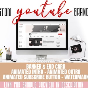 May include: A computer screen displaying a YouTube channel banner with the text "SP" and the name "Sarah Parker" in a pink and black color scheme. The text "CUSTOM youtube BRANDING" is displayed above the computer screen. Below the computer screen, the text "BANNER & END CARD ANIMATED INTRO - ANIMATED OUTRO ANIMATED SUBSCRIBE BUTTON - WATERMARK LINK FOR SAMPLE PREVIEW IN DESCRIPTION" is displayed.