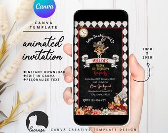 Bewerkbare uitnodiging Mad Hatter Tea Party, geanimeerde Alice in Wonderland-sjabloon, Tea Party nodigt, vintage Mad Hatter Canva-sjabloon