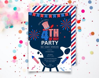 Editable 4th of July Party Invitation Canva Template, BBQ & Fireworks Celebration, Red Blue and Strips Party Invite, Independence Day Invite