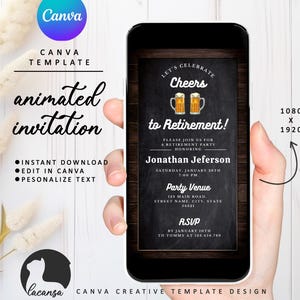 Editable Cheers To Retirement Invitation, Cheer Beers Retired Invite, Wooden Rustic Bar Party Theme, Animated Video Evite, Canva Template