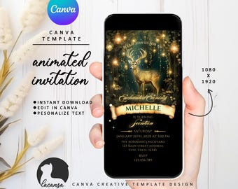 May include: Animated digital invitation for a 7th birthday party with a magical forest theme. The invitation features a golden deer with glowing lights and the text "Please join us for an Enchanted Evening, Michelle is turning 7".