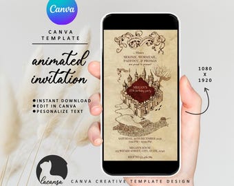 Editable Magical Map Birthday Invitation, Animated Wizards Map Party Invite, Enchanted School Theme Invitations, Personalized Canva Template
