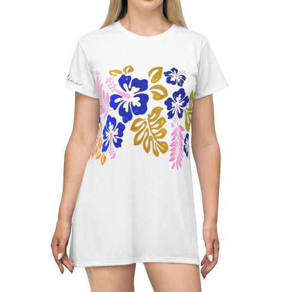 T-shirt dress, Nocturnal Floral Women T-Shirt Dress, Long Tshirt Style, Cool Tee-Dress Design, Confortable Long T-Shirt, Unique Tee Dress