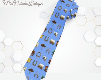 Tie for men, Neckwear, Blue Necktie with (cowboy design)