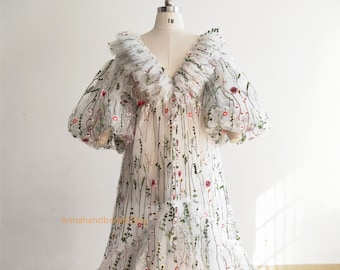 Ivory Deep V Neck  Photo shot Dress /Drawstring Waist Tulle Dress Baby shower Dress/Floral Lace  Maternity Dress /Custom Colors sizes