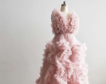 Dusty Pink Maternity Dress/ Ruffle Tulle Dress Photo Shoot Dress//Adjustable Waist Maternity Dress//Custom Color