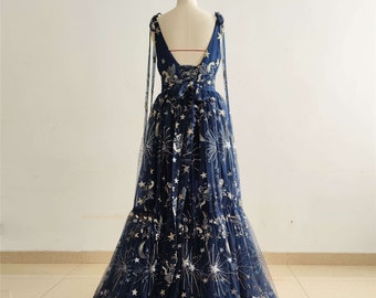 Navy Blue Sparkle Stars Maternity Dress/Long Train Photo Shoot Dress/Baby shower Dresses Custom sizes Colors