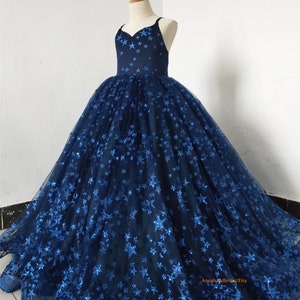 Navy Blue Sparkle Full Length Flower Girl Dress /Little Girls Pageant Dress Birthday Party Dress/Girls Photo Shot Dress