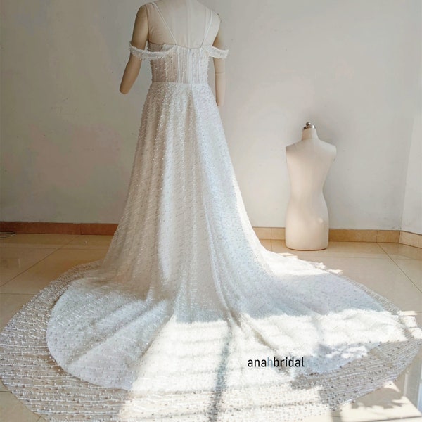 White Pearls Long Train Bridal Dress//Off Shoulder A-line Wedding Dress/Wedding Party Dresses/Custom Colors/Sizes