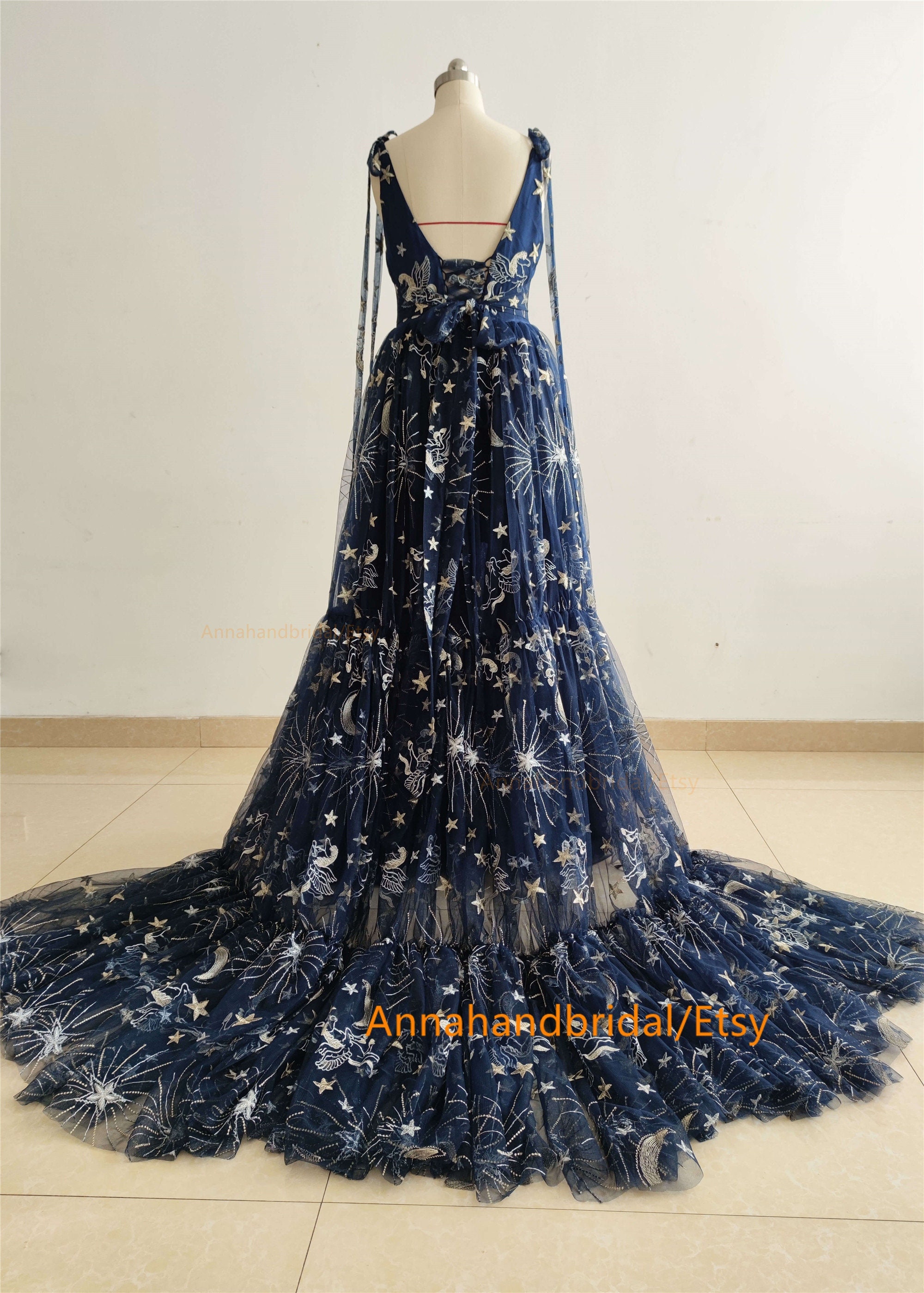 Navy Blue Sparkle Stars Maternity Dress/long Train Photo Shoot -