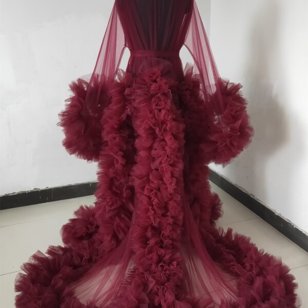 Burgundy  Maternity Robe/Open Front Ruffle Tulle Dress Photo Shoot Dress/Short Train Maternity Dress Free Sizes