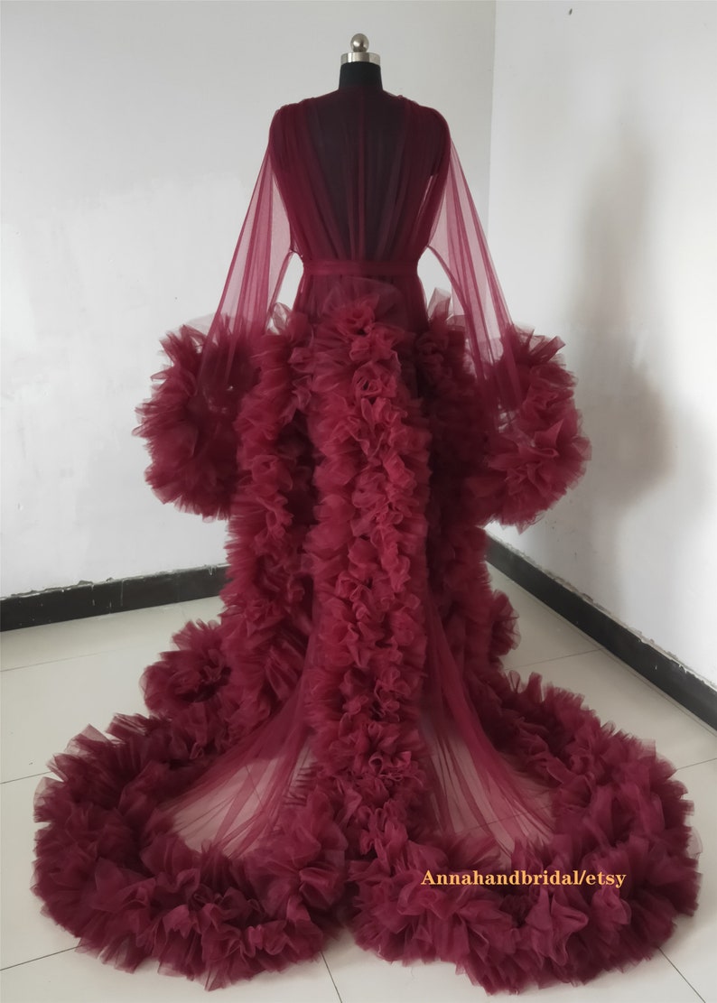 Burgundy  Maternity Robe/Open Front Ruffle Tulle Dress Photo Shoot Dress/Short Train Maternity Dress Free Sizes 