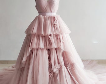 2 Pieces Mauve Bridal Gown//V Neck Long Train Wedding Dress/Photoshoot Wedding Dress/Custom Sizes