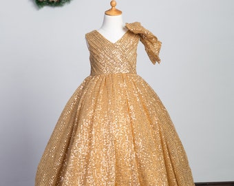 Champagne Gold Sequin Flower Girls Dress/Sparkle Sequin Little Girls Full Length Party Dress/Girls Holiday Dress/Girls Photo shot Dress