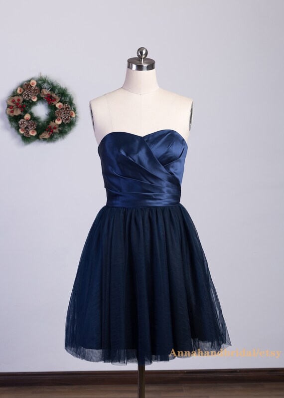 Navy Satin Tulle Short Bridesmaid Dress/Strapless Short Prom | Etsy