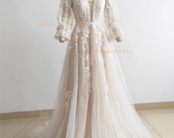 Ivory Beaded Lace Bridal Gown/Long Sleeve Embroider Lace Bridal Dress//Sexy Deep V WeddingDress/Custom Sizes /Colors