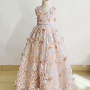 Blush Pink Butterflies Lace Cute Flower Girl Dress/Little girls Party Dress/Toddler  Dress/Custom Colors /Sizes