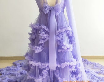 Lavender Maternity Robe/Open Front Ruffle Tulle Dress Photo Shoot Dress//Long Train Dress/Adjustable Waist Maternity Dress
