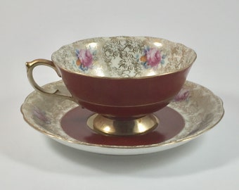 Burgundy Occupied Japan Tea Cup and Saucer, Gild Gilt, Pink Roses, S.G.K China