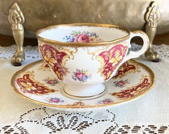 Adderley Tea Cup and Saucer, “Lawley”, Bone China, Red and Gold scrolls teacup