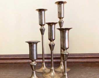 Vintage Set of 5 Brass Candlestick Holders