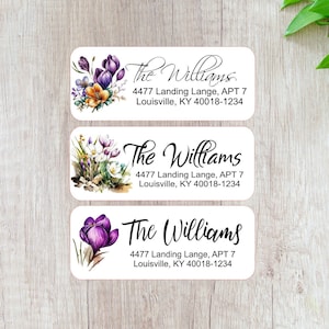 Etiquetas de dirección de devolución de Crocuses, calcomanías de Crocuses, etiquetas florales, calcomanías de dirección, etiquetas de dirección personalizadas