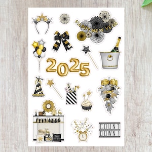 Adesivi per Capodanno, adesivi 2025, adesivi per feste, adesivi per pianificare le vacanze, adesivi oro e neri, adesivi per il conto alla rovescia, decorazioni per feste