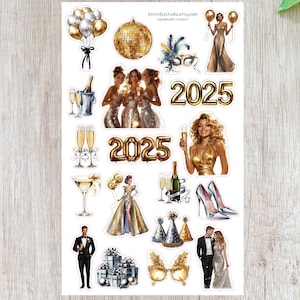 Adesivi per la celebrazione di Capodanno 2025 - Set di adesivi con tema festa glamour, champagne, palla da discoteca e decorazioni festive