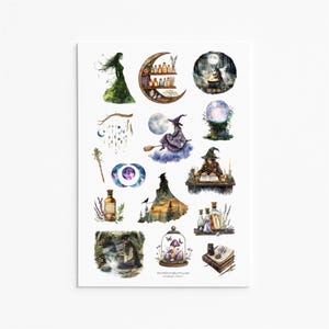 May include: A sheet of watercolour stickers with mystical and witchy themes. The stickers include images of a witch on a broom, a crystal ball, potion bottles, a crescent moon shelf, and a forest scene. The colour palette is soft with blues, greens, and purples.