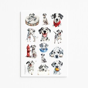 Può includere: Un foglio di adesivi con varie illustrazioni ad acquerello di cani dalmata in diverse pose, tra cui seduti in una cuccia, con una bandana rossa a pois, mentre giocano con una pallina e mentre riposano.