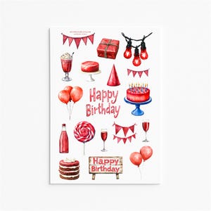 Red Birthday Stickers: Watercolor Party Planner Scrapbook Decorations
