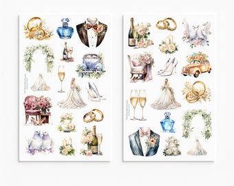 May include: Two sheets of watercolor stickers featuring wedding-themed illustrations including gold rings, a blue perfume bottle, a tuxedo, a floral arch, a wedding dress, a vintage car, champagne flutes, white heels, a cake, and two white doves.