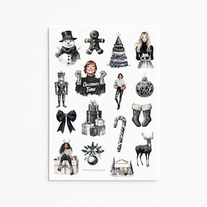 Elegantes pegatinas navideñas en blanco y negro: decoración festiva para manualidades, planificadores y regalos.