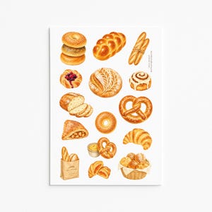 Op de afbeelding: Een verzameling aquarelillustraties met diverse bakproducten, waaronder bagels, een gevlochten brood, baguettes, een bessen-gebakje, een rond zuurdesembrood, een kaneelbroodje, gesneden brood, een krakeling, een croissant en een mandje met broodjes.