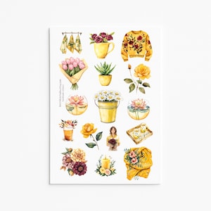Lentebloemen stickers voor dagboek plakboek Cottagecore geel gezellig handgemaakt stickervel