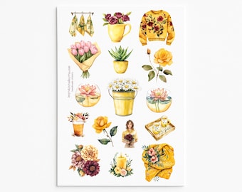 Spring Floral Stickers for Journal Scrapbook Cottagecore Yellow Cozy Handmade Sticker Sheet
