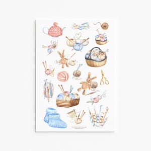 Pastel Yarn & Knitting Sticker Sheet – Kuschelige Sticker mit Hasen, handgemachte Kunst für Journals, Scrapbooks