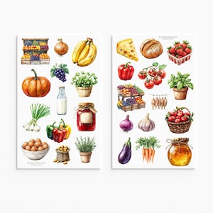 Op de afbeelding: Waterverfillustraties van diverse soorten fruit, groenten en voedsel. De afbeelding bevat een pompoen, bananen, tomaten, kaas, brood en een mandje met aardbeien. Andere items zijn een pot jam, een fles melk en een pot kruiden.