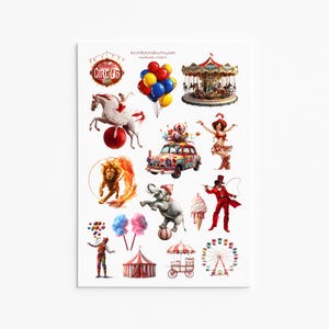 Circusstickers, carnavalstickers, vintage circus, circusthema, circusdecor, kermisstickers, grappige stickers, retrostickers
