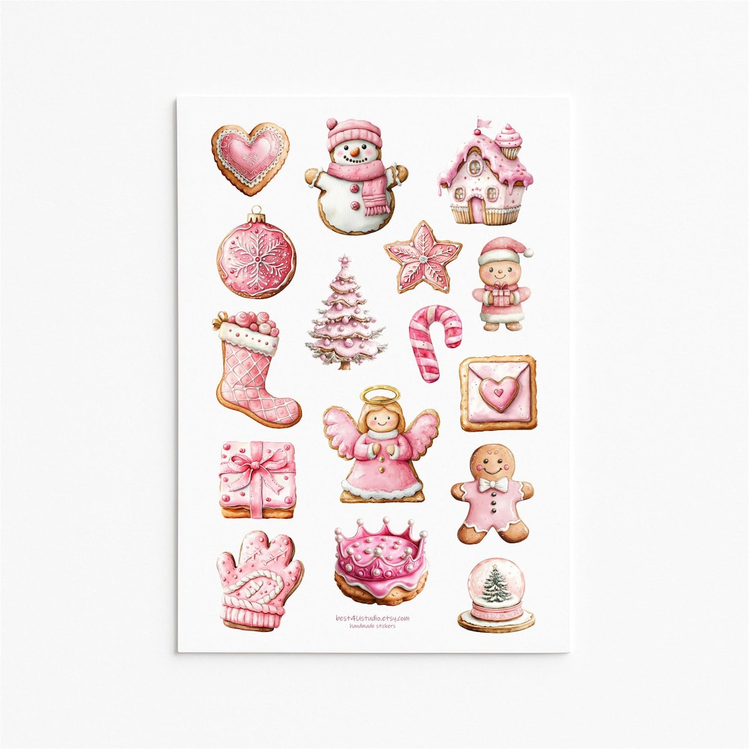 Pink Christmas Sticker Sheet With Cookies Gifts Candy Tree for Journals ...