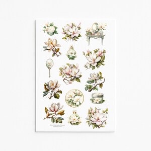Elegante witte magnoliastickers – esthetische bloemenstickers voor tijdschriften, plakboeken en knutselwerk – op de natuur geïnspireerde magnoliastickers