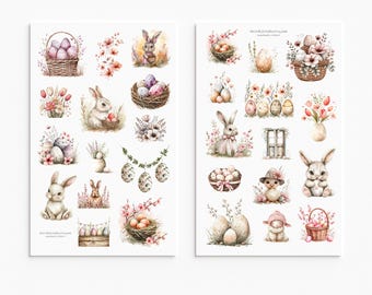 May include: Two sheets of Easter-themed stickers featuring watercolor illustrations of bunnies, eggs, nests, and floral arrangements. The stickers are in soft pastel colors, with a whimsical and delicate aesthetic. The text "www.littlebunnyco.com" is visible.