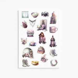Gezellige wintermeisjesstickers, bloemenstickers, plannerbabe, mode-illustratie, modemeisje, casual meisje, plannerstickers