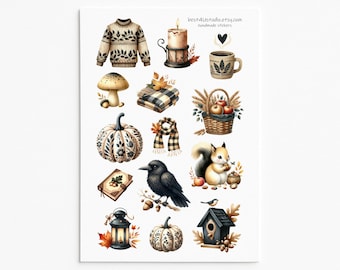 Autumn Forest Sticker Sheet: Cozy Fall Squirrel, Pumpkin & Crow Designs