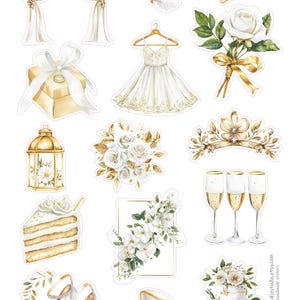 May include: A collection of wedding-themed stickers featuring a white arch, a flying dove, a ring pillow, a gift box, a dress on a hanger, a white rose bouquet, a gold lantern, floral arrangements, a tiara, cake, champagne flutes, heels, and a ring box.