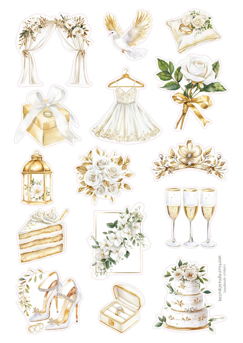 May include: A collection of wedding-themed stickers featuring a white arch, a flying dove, a ring pillow, a gift box, a dress on a hanger, a white rose bouquet, a gold lantern, floral arrangements, a tiara, cake, champagne flutes, heels, and a ring box.