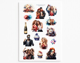 Watercolor New Year's Eve Stickers, Party Celebration, Vinyl Stickers