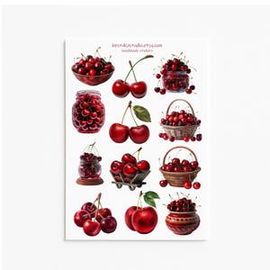 Adesivi di ciliegie, adesivi di frutta, bacche, adesivi di ciliegie rosse, adesivi di cibo, adesivi di frutta carini, ciliegie retrò, adesivi per planner, adesivi estivi