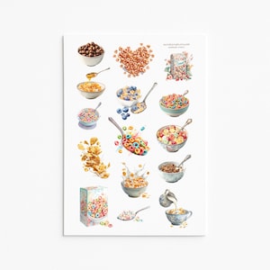 May include: A sticker sheet featuring watercolor illustrations of various breakfast cereals in bowls, spoons, and boxes. The designs include colorful ring-shaped cereal, chocolate puffs, corn flakes, and milk being poured into a patterned bowl.